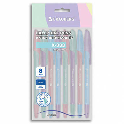 Ручки шариковые BRAUBERG "X-333 PASTEL MIX", НАБОР 8 ШТУК, СИНИЕ, узел 0,7 мм, линия письма 0,35 мм, 144535
