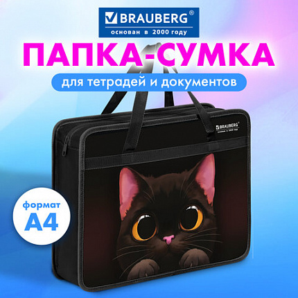 Папка на молнии с ручками BRAUBERG А4, 1 отделение, пластик, 80 мм, "Большой черный кот", 274495