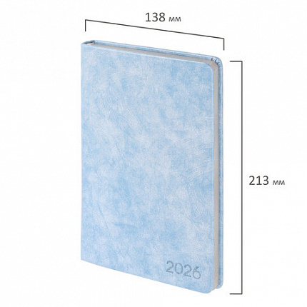 Ежедневник датированный 2026, А5, 138х213 мм, BRAUBERG "Ice", под кожу, голубой, 117389