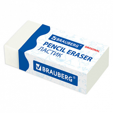 Ластик BRAUBERG "Original", 38х20х10 мм, белый, прямоугольный, картонный держатель, 228073