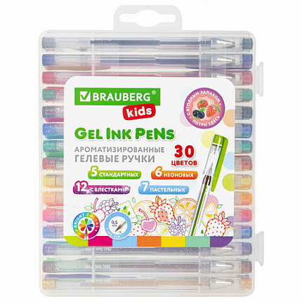 Ручки гелевые АРОМАТИЗИРОВАННЫЕ, НАБОР 30 ЦВЕТОВ, "FRUITS", линия письма 0,5 мм, BRAUBERG KIDS, 143823