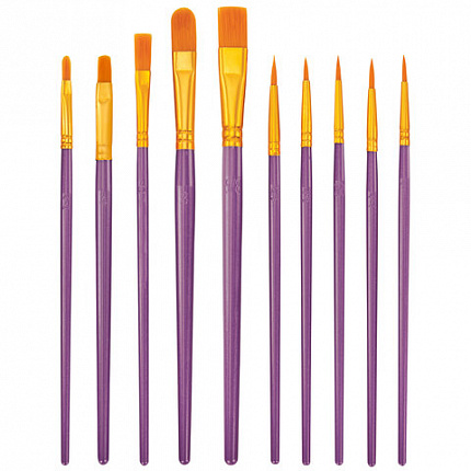 Кисти набор 10 шт., синтетика, фиолетовые, № 2/0-8 (Круглые; Овальные; Плоские; Лайнеры), WBZ, 201086