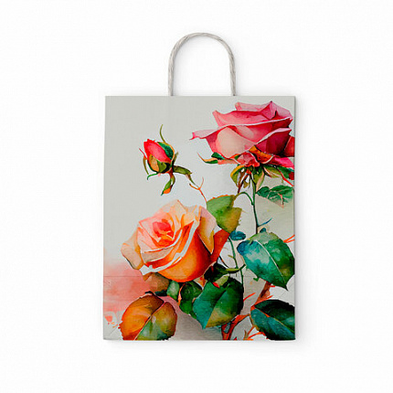 Крафт-пакет бумажный "Розы" 22х12х25 см, с кручеными ручками, плотность 100 г/м2, белый, 114164