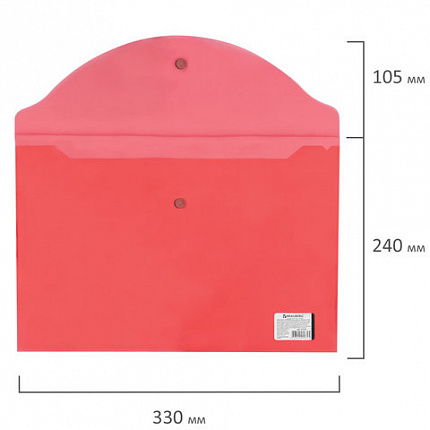 Папка-конверт с кнопкой BRAUBERG, А4, до 100 листов, прозрачная, красная, 0,15 мм, 221636