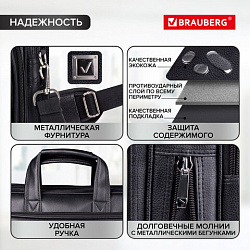 Сумка портфель BRAUBERG CARBON с отделением для ноутбука 15-16", 2 отделения, экокожа, черная, 32х41х12 см, 240399