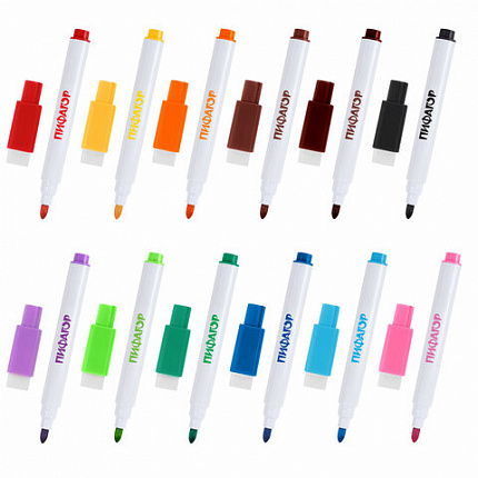 Маркеры стираемые 2 мм на магните со стирателем для белой доски НАБОР 12 ЦВЕТОВ, ПИФАГОР, 152564