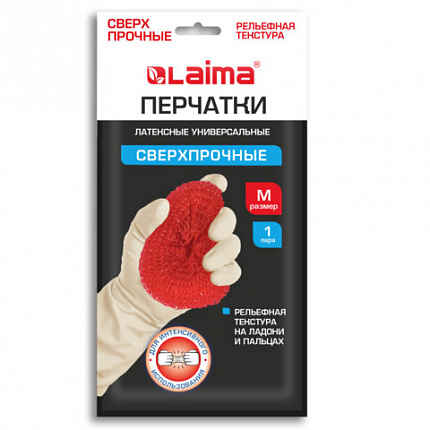 Перчатки МНОГОРАЗОВЫЕ латексные LAIMA "ULTRA" СВЕРХПРОЧНЫЕ, бежевые, размер M (средний), вес 90 г, 700547