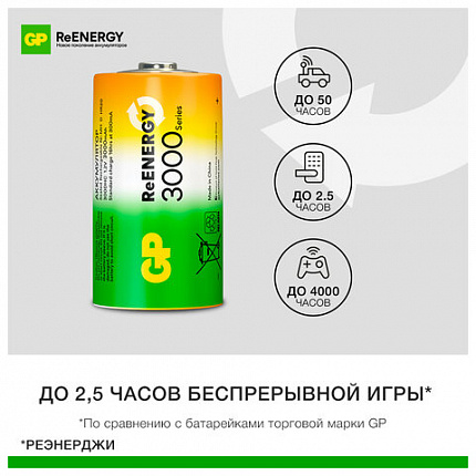 Батарейки аккумуляторные GP ReEnergy Ni-Mh КОМПЛЕКТ 2 шт., D (HR20), 3000 mAh, 300DHCRGY-2CRCB2