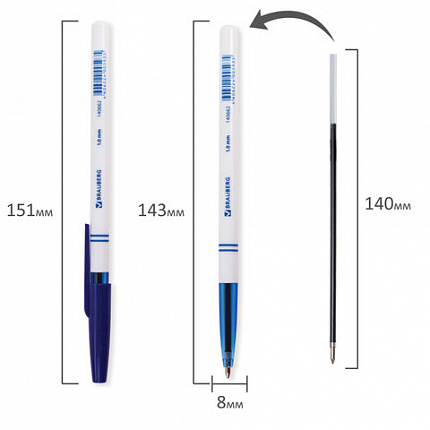 Ручка шариковая BRAUBERG "Офисная", СИНЯЯ, корпус белый, узел 1 мм, линия письма 0,5 мм, 140662