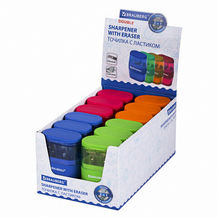 Точилка с ластиком 2 в 1 BRAUBERG "Double", 2 отверстия, яркие цвета корпуса ассорти, 271987