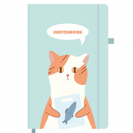Скетчбук, слоновая кость 140г/м 130х210мм, 80л, софт-тач, резинка, наклейки, FUNSTER, "Котик с рыбкой", 117783