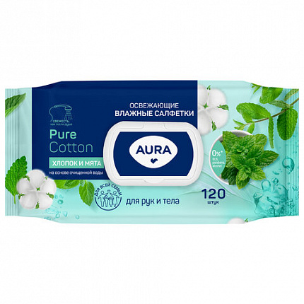 Салфетки влажные 120 шт., AURA, освежающие, крышка клапан, 12827