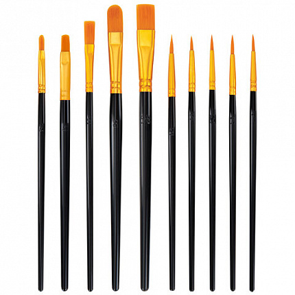 Кисти набор 10 шт., синтетика, черные, № 2/0-8 (Круглые; Овальные; Плоские; Лайнеры), WBZ, 201084