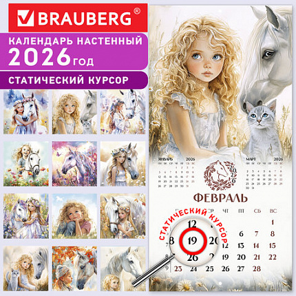 Календарь настенный перекидной 2026 г., BRAUBERG, 12 листов, 28,5х28,5 см, "Лошадка и девочка", 116937