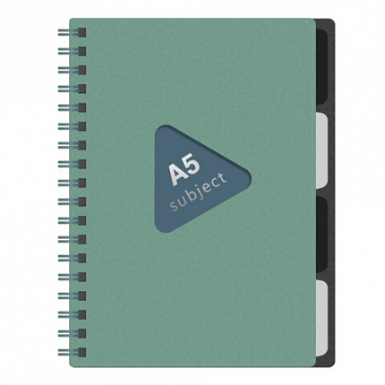 Тетрадь обложка пластик, А5 80л. гребень, 4 съемных разделителя, клетка, BRAUBERG, зеленый, 405367