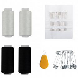 Набор швейный "Дорожный" 40 ЛЛ, 200 м, 2 белые / 2 черные, иглы, нитевдеватель, булавки, DEVELIA (Девелиа), 609632