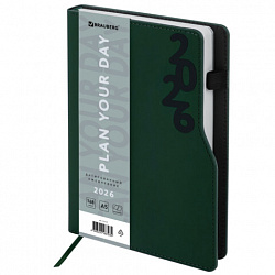Ежедневник датированный 2026, А5, 150x213 мм, BRAUBERG "Up", под кожу, софт-тач, держатель для ручки, зеленый, 117117