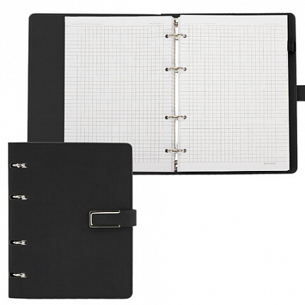 Тетрадь на кольцах А5, 180х220 мм, 120 л., под кожу soft-touch, застежка, BRAUBERG SHADE, черный, 405246