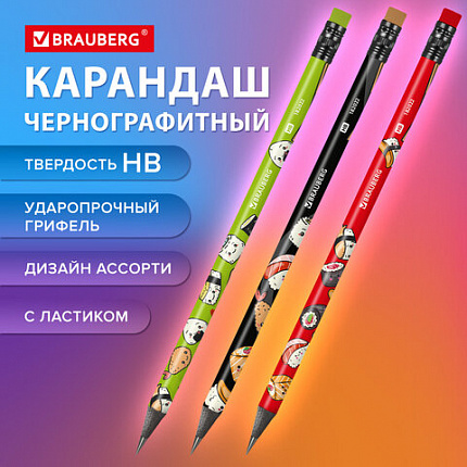 Карандаш чернографитный BRAUBERG "JAPAN FOOD", 1 шт, HB, с ластиком, корпус ассорти, 182022