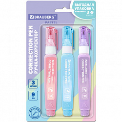 Ручка-корректор 9 мл, ВЫГОДНАЯ УПАКОВКА, КОМПЛЕКТ 3 штуки, BRAUBERG PASTEL, 274237