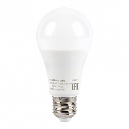 Лампа светодиодная SONNEN EXTRA, 12 (100) Вт, Е27, груша, теплый белый, 30000 ч, LED A60-12W-2700-Е27, 457894
