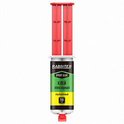 Клей эпоксидный прозрачный, смола + отвердитель, шприц, насадка миксер, лопатка, 2х25 мл, RABBITEX (РАББИТЕКС) "ДВА СЛОНА", 609809