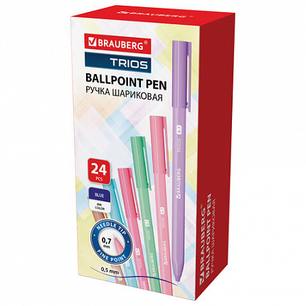 Ручка шариковая BRAUBERG TRIOS, СИНЯЯ, трехгранная, ассорти, игольчатый узел 0,7 мм, линия письма 0,5 мм, 144153