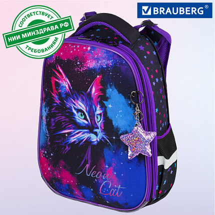 Ранец BRAUBERG PREMIUM, 2 отделения, с брелоком, "Neon cat", 38х29х16 см, 271352