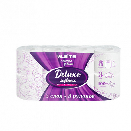 Бумага туалетная 3-х слойная, 8 рулонов (8х16,5 м), LAIMA Deluxe, 100% целлюлоза, 115396