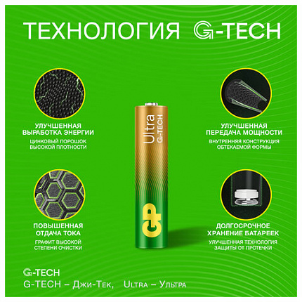 Батарейки КОМПЛЕКТ 2 шт., GP Ultra G-Tech, AAA (LR03, 24А), алкалиновые, мизинчиковые, 24AUA21-2CRSBC2