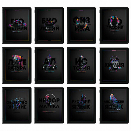 Тетради предметные, КОМПЛЕКТ 12 ПРЕДМЕТОВ, 48 л., матовая ламинация, лак, BRAUBERG "MAJESTIC BLACK", 405177