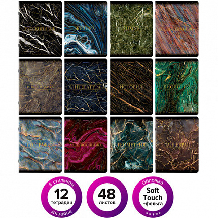 Тетради предметные, КОМПЛЕКТ 12 ПРЕДМЕТОВ, "MARBLE", 48 л., SoftTouch, фольга, BRAUBERG, 404326