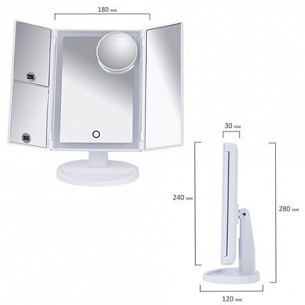 Зеркало настольное с LED-подсветкой для макияжа, размер 24х18 см, складное, увеличение х2, х3, х10, белое, BRABIX, 609337