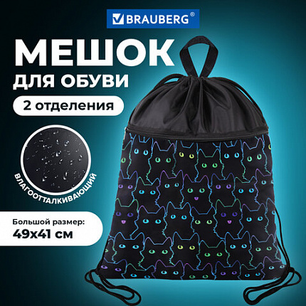 Мешок для обуви BRAUBERG БОЛЬШОЙ, с ручкой, карман на молнии, сетка, 49х41 см, "Неоновые коты", 271059