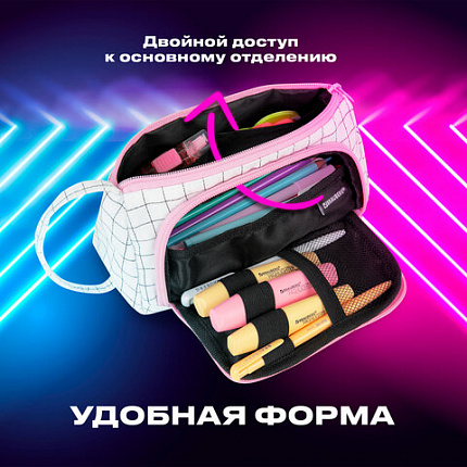 Пенал-косметичка BRAUBERG с ручкой, 1 откидная планка, полиэстер, 22x10х8 см, "Белая клетка", 271558