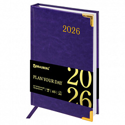 Ежедневник датированный 2026, А5, 138x213 мм, BRAUBERG "Senator", под кожу, фиолетовый, 117093