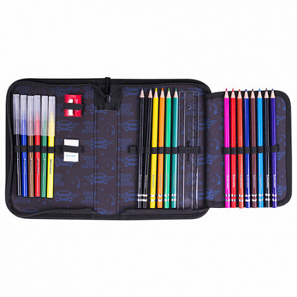 Пенал BRAUBERG с наполнением, 1 отделение, 1 откидная планка, 24 предмета, 21х14 см, "Sport car", 271527