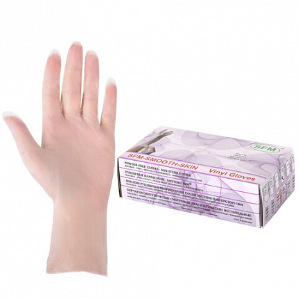 Перчатки виниловые смотровые 50 пар (100 штук), размер 7-8, M (средний), прозрачные, SFM, Германия
