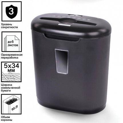 Уничтожитель (шредер) BRAUBERG S6, 3 уровень секретности, фрагменты 5х34 мм, 6 листов, корзина 16 литров, 530963