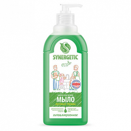 Мыло жидкое 500 мл SYNERGETIC "Луговые травы", гипоаллергенное, биоразлагаемое, дозатор, 105053
