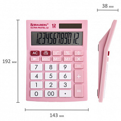 Калькулятор настольный BRAUBERG ULTRA PASTEL-12-PK (192x143 мм), 12 разрядов, двойное питание, РОЗОВЫЙ, 250503
