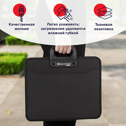 Папка-портфель пластиковая BRAUBERG "ПРЕМЬЕР" А4 (390х315х120 мм) 3 отделения, фактура "бисер", черная, 223082