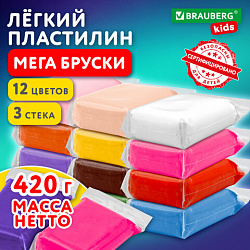 Пластилин супер лёгкий, воздушный, застывающий, БОЛЬШИЕ БРУСОЧКИ, 12 цветов, 420 г, 3 стека, BRAUBERG KIDS, 107512