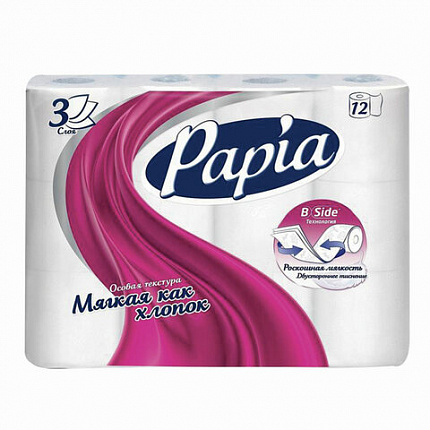 Бумага туалетная бытовая, спайка 12 шт., 3-слойная (12х16,8 м), PAPIA, белая, 5058531