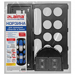 Корзина / диспенсер для хранения пакетов и бахил СРЕДНЯЯ 37х16х13 см, крючки-крепеж в комплекте, черная, LAIMA ULTRA, 701663