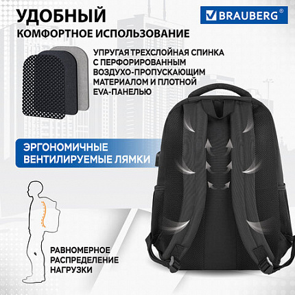 Рюкзак BRAUBERG FUNCTIONAL с отделением для ноутбука, 2 отделения, USB-порт, "Secure", 46х30х18 см, 270751