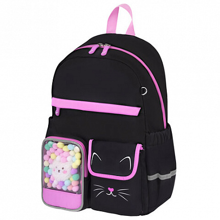 Рюкзак BRAUBERG PASTEL с термонашивками в комплекте, "Black kitty", черный, 40х29х14 см, 273128