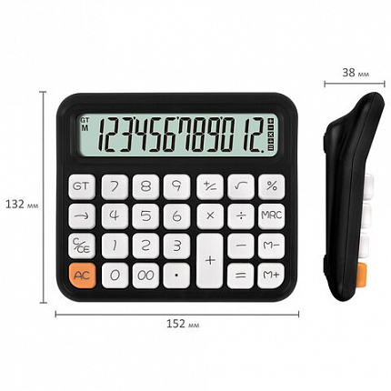 Калькулятор настольный BRAUBERG KW-1000-BK (152x132 мм), 3D-кнопки, 12 разрядов, черный, 272956