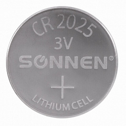 Батарейка литиевая SONNEN Lithium CR2025 "таблетка, дисковая, кнопочная" 1 шт., блистер, 451973