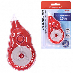 Корректирующая лента BRAUBERG MAXI PLUS, 5 мм х 25 м, механизм перемотки, корпус красный, блистер, 272501